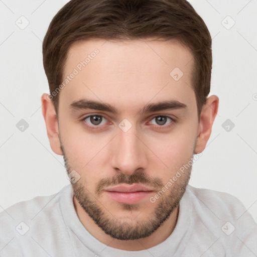 Neutral white young-adult male with short  brown hair and brown eyes