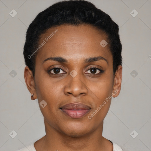 Joyful latino young-adult female with short  black hair and brown eyes