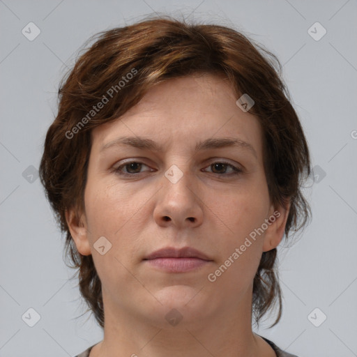 Neutral white young-adult female with medium  brown hair and brown eyes