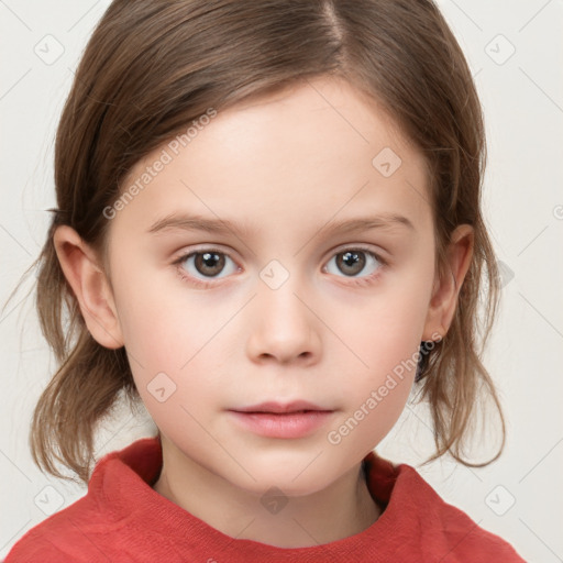 Neutral white child female with medium  brown hair and grey eyes