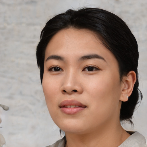 Neutral asian young-adult female with short  black hair and brown eyes