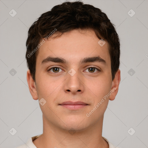 Neutral white young-adult male with short  brown hair and brown eyes