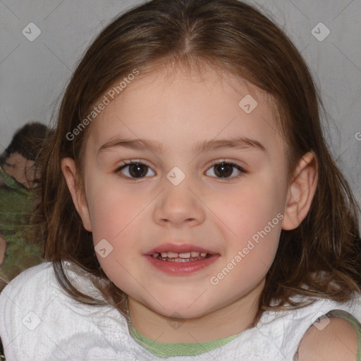 Joyful white child female with medium  brown hair and brown eyes