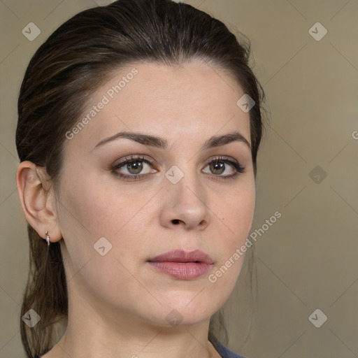 Neutral white young-adult female with medium  brown hair and brown eyes