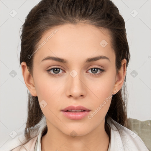 Neutral white young-adult female with medium  brown hair and brown eyes