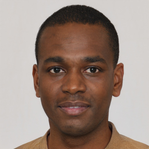 Joyful black young-adult male with short  black hair and brown eyes