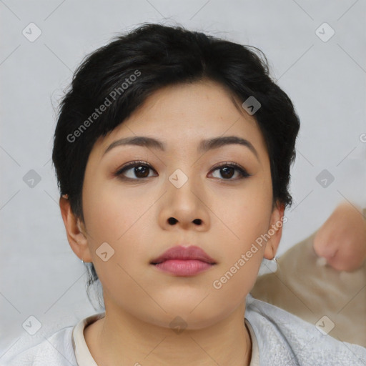 Neutral asian young-adult female with short  black hair and brown eyes