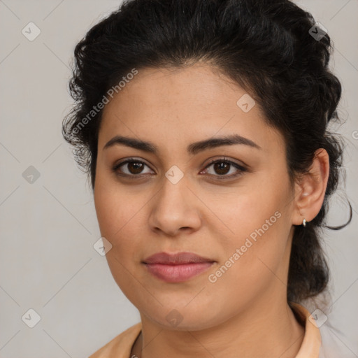 Joyful latino young-adult female with medium  brown hair and brown eyes