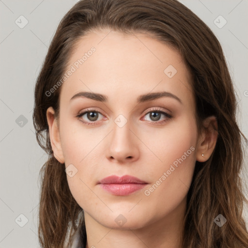 Neutral white young-adult female with long  brown hair and grey eyes