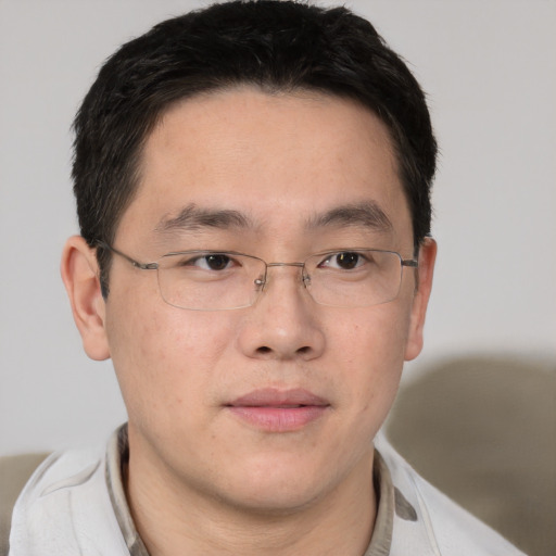 Neutral asian adult male with short  brown hair and brown eyes