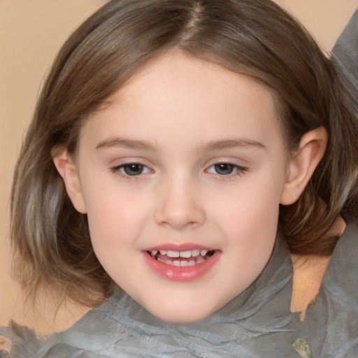 Joyful white child female with medium  brown hair and brown eyes