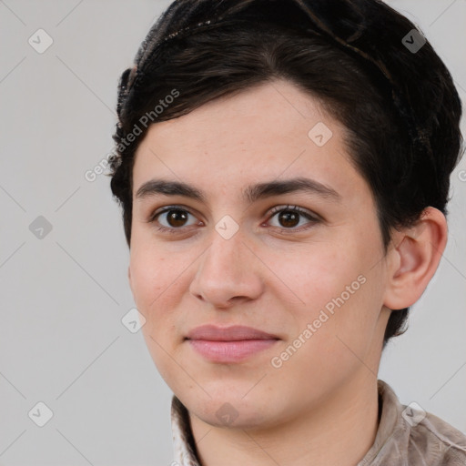 Joyful white young-adult female with short  brown hair and brown eyes