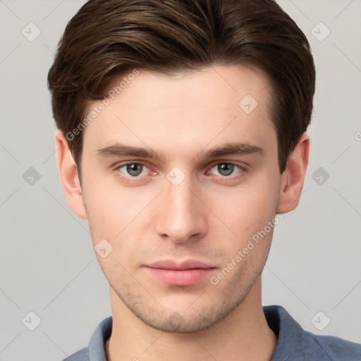 Neutral white young-adult male with short  brown hair and grey eyes