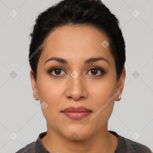 Joyful latino young-adult female with short  brown hair and brown eyes