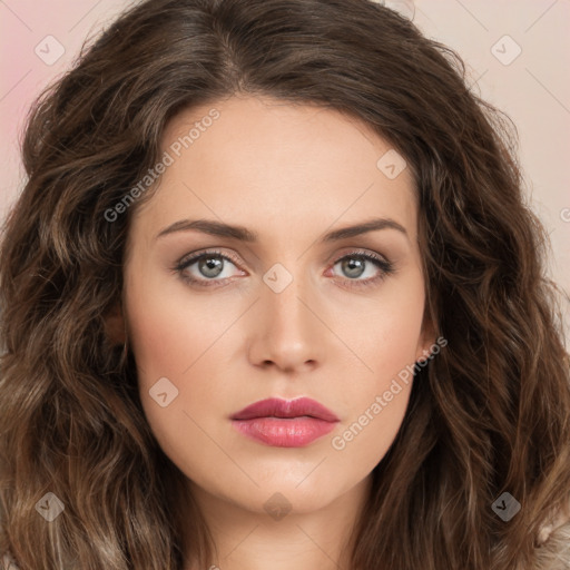 Neutral white young-adult female with long  brown hair and brown eyes