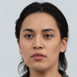 Neutral asian young-adult female with medium  black hair and brown eyes