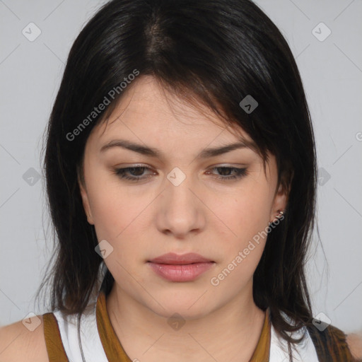 Neutral white young-adult female with medium  brown hair and brown eyes