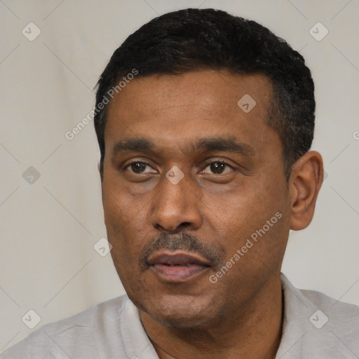 Neutral black adult male with short  black hair and brown eyes