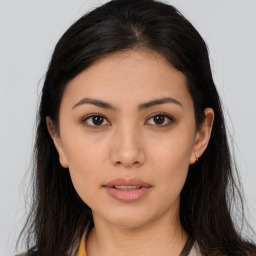 Neutral asian young-adult female with long  brown hair and brown eyes