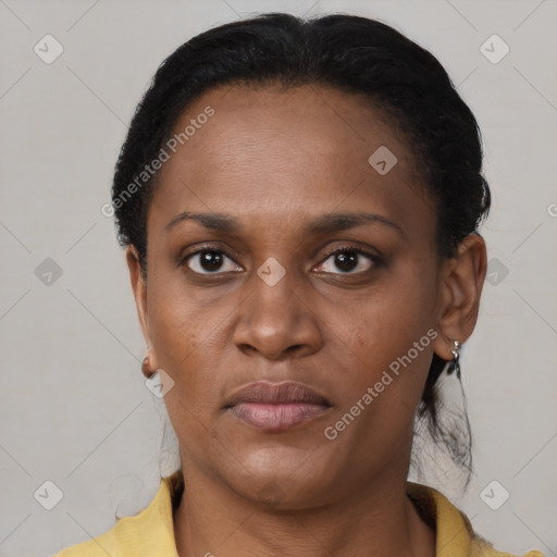 Neutral black young-adult female with short  black hair and brown eyes