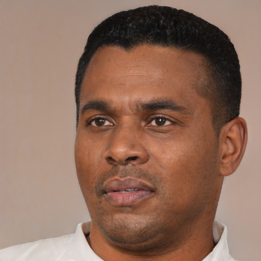 Neutral black young-adult male with short  black hair and brown eyes