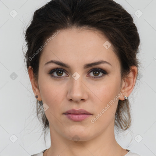 Neutral white young-adult female with medium  brown hair and brown eyes