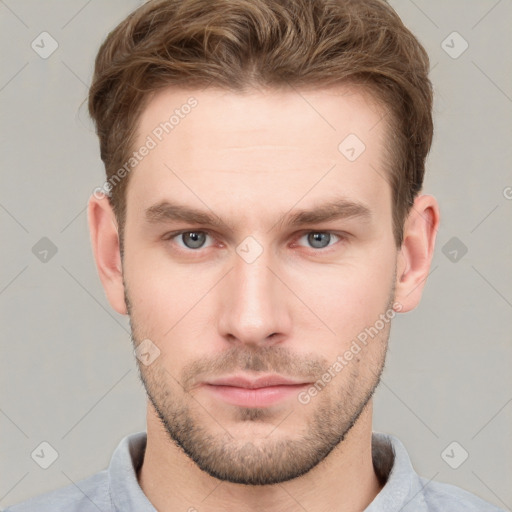 Neutral white young-adult male with short  brown hair and grey eyes