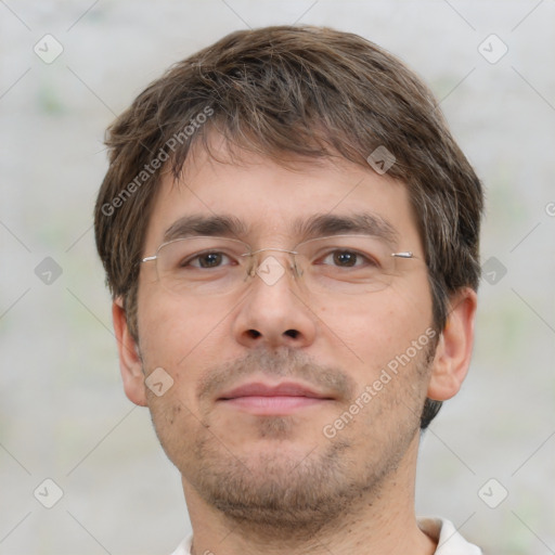 Neutral white young-adult male with short  brown hair and brown eyes