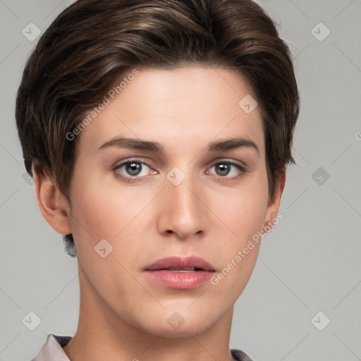 Neutral white young-adult female with short  brown hair and brown eyes