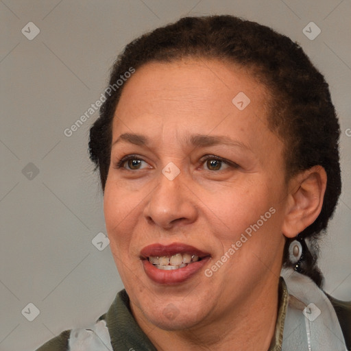 Joyful white adult female with short  brown hair and brown eyes