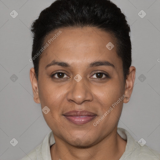 Joyful white adult female with short  brown hair and brown eyes