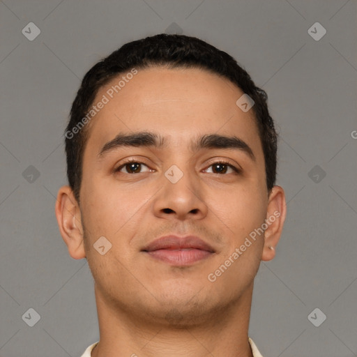 Neutral latino young-adult male with short  black hair and brown eyes