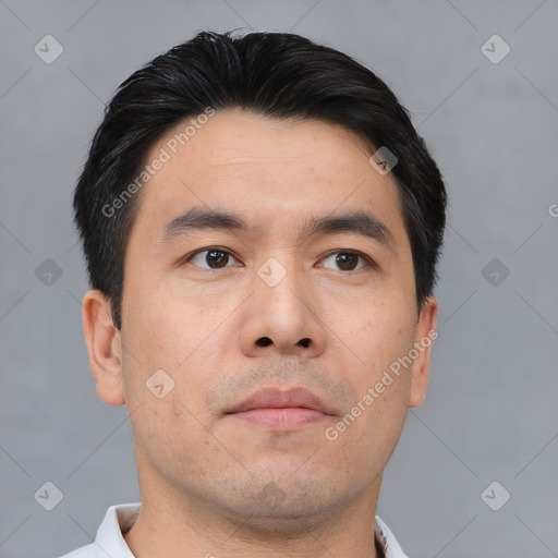 Neutral asian young-adult male with short  black hair and brown eyes