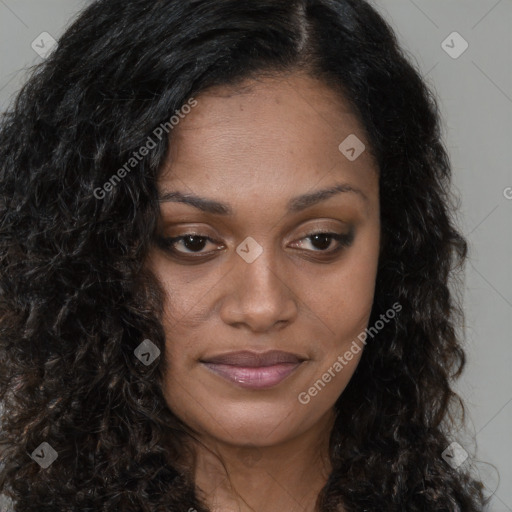 Joyful black young-adult female with long  brown hair and brown eyes