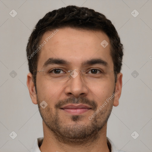 Neutral white young-adult male with short  brown hair and brown eyes