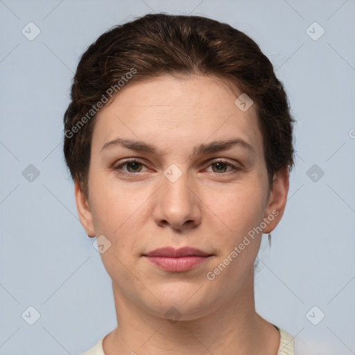 Neutral white young-adult female with short  brown hair and brown eyes