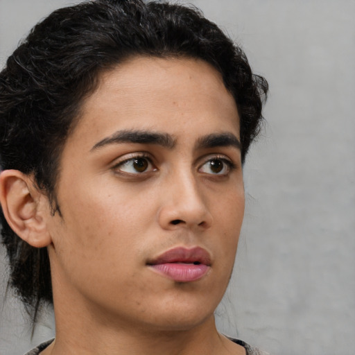 Neutral latino young-adult female with short  brown hair and brown eyes