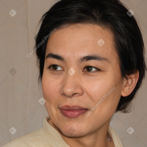 Joyful white adult female with medium  brown hair and brown eyes