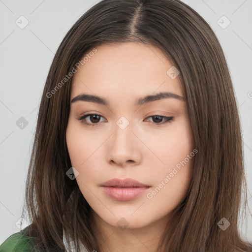 Neutral white young-adult female with long  brown hair and brown eyes