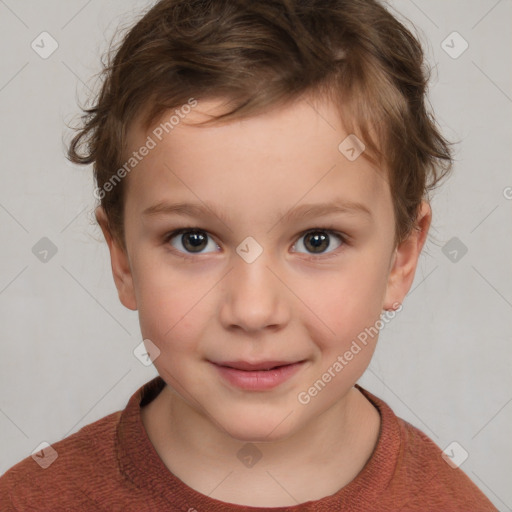 Joyful white child female with short  brown hair and brown eyes