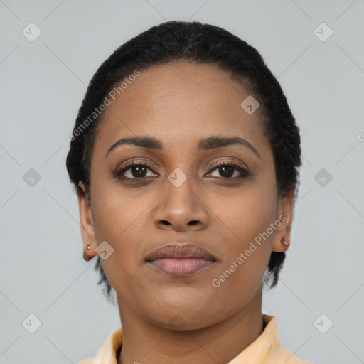 Neutral black young-adult female with short  black hair and brown eyes