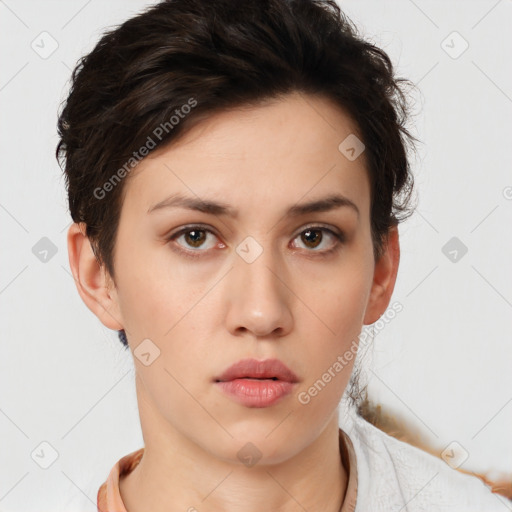 Neutral white young-adult female with short  brown hair and brown eyes