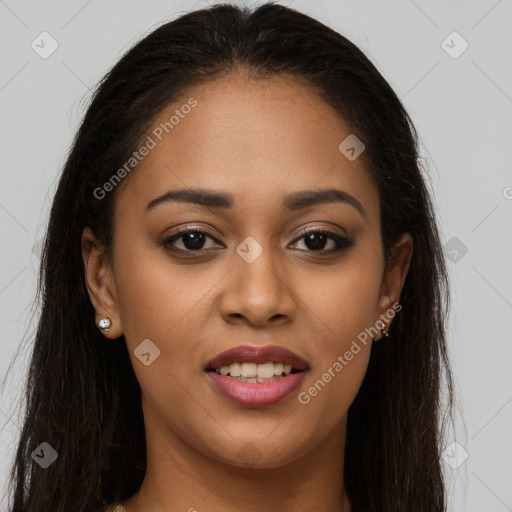 Joyful latino young-adult female with long  brown hair and brown eyes