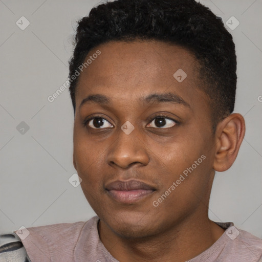 Neutral black young-adult female with short  black hair and brown eyes