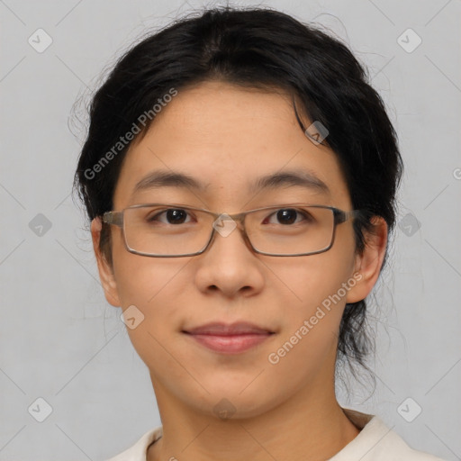 Joyful asian young-adult female with short  brown hair and brown eyes