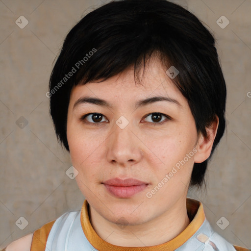 Joyful white young-adult female with medium  brown hair and brown eyes