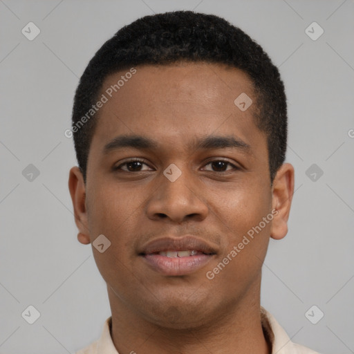 Joyful latino young-adult male with short  brown hair and brown eyes