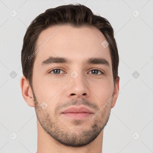 Neutral white young-adult male with short  brown hair and brown eyes