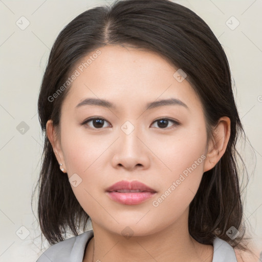 Neutral white young-adult female with medium  brown hair and brown eyes