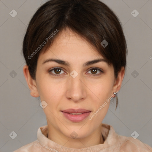 Joyful white young-adult female with medium  brown hair and brown eyes